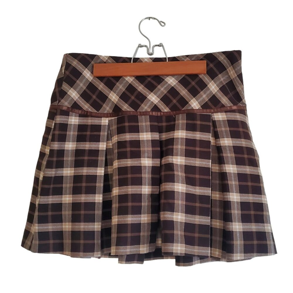 VINTAGE | Y2K 2000s Brown Cream Plaid Pleated Skirt (Size 8) - Picture 1 of 6